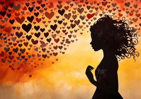 Silhouette of a pregnant woman with hearts on a colorful backgroundの素材