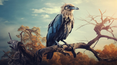 Vulture sitting on a branch in the forest. Vintage style.の素材