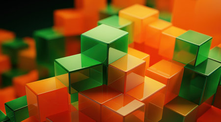 abstract 3d illustration of geometric cubes in green and orange colorsの素材