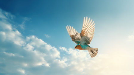 Flying bird on blue sky background. Freedom and peace concept. 3D Renderingの素材