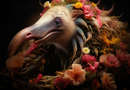 Griffon vulture in a wreath of flowers on a black backgroundの素材