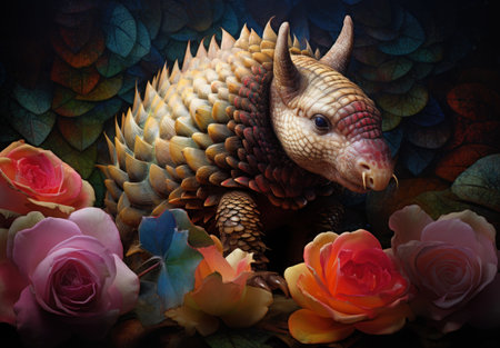 Triceratops and roses on a dark background, close-upの素材