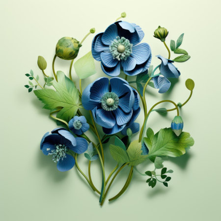Blue flowers bouquet on green background. Flat lay, top viewの素材