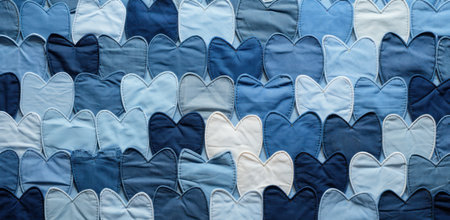 Blue and white fabric with a heart pattern as a background image.の素材