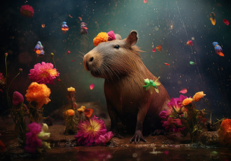 Capybara in the aquarium with flowers and petals on dark backgroundの素材