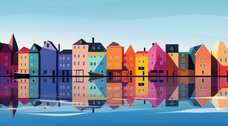 Colorful houses reflected in the water of a canal. Vector illustration.の素材