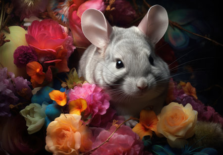 White chinchilla in a bouquet of flowers on a dark backgroundの素材