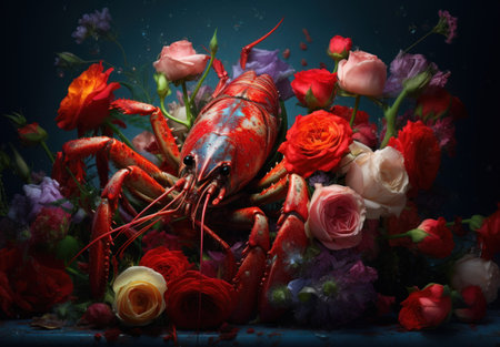 Lobster and roses on a dark background. Toned.の素材