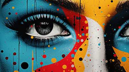 Close-up of a woman's face painted in the colors of the flag of Palauの素材