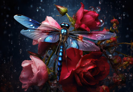 Dragonfly on a bouquet of roses in water drops on a dark backgroundの素材