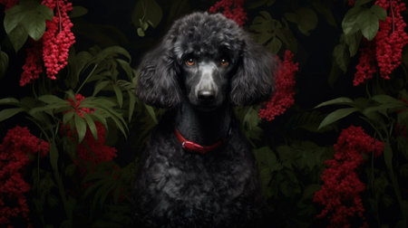 Black poodle with red bow on black background with flowers and leavesの素材