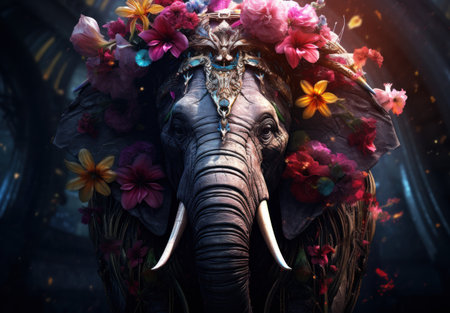 Close up of an elephant head decorated with flowers and a headdressの素材