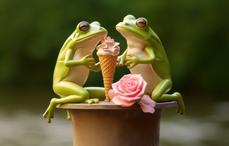 Frogs with ice cream in a waffle cone on a green backgroundの素材