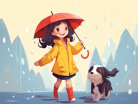 Little girl with her dog walking in the rain. Vector illustration.の素材