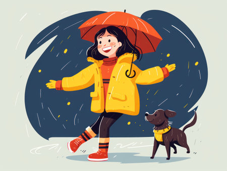 Girl in raincoat with umbrella and dog. Vector cartoon illustration.の素材