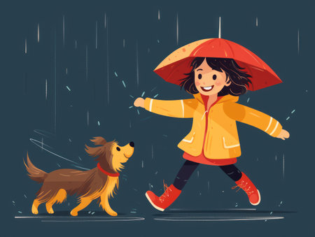 Little girl with umbrella and dog walking in rain, vector illustration.の素材