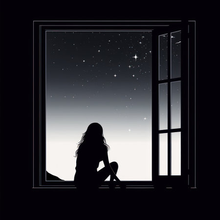 Silhouette of a girl sitting by the window in the nightの素材