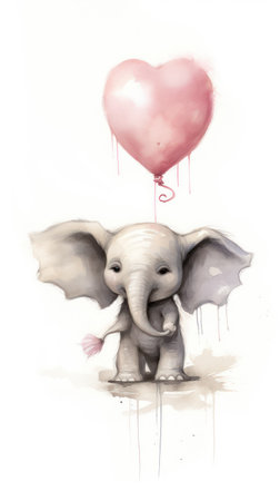 Elephant with heart-shaped balloon on white background, watercolor paintingの素材