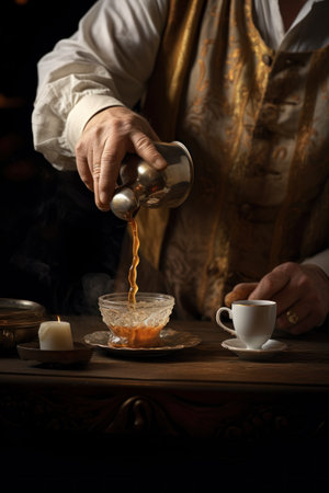 Vintage barista pouring coffee into a cup in a dark roomの素材