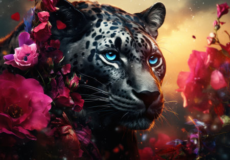 Fantasy portrait of a leopard with pink flowers in the backgroundの素材