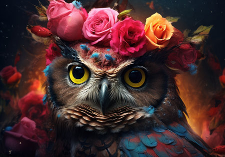 Owl with a wreath of flowers on his head and a bouquet of rosesの素材