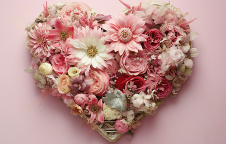 Heart-shaped bouquet of spring flowers on a pink background.の素材
