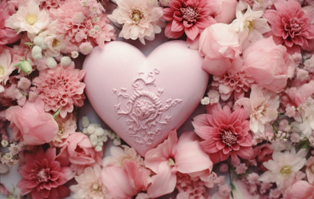 Pink heart with flowers on white background, valentine's day conceptの素材