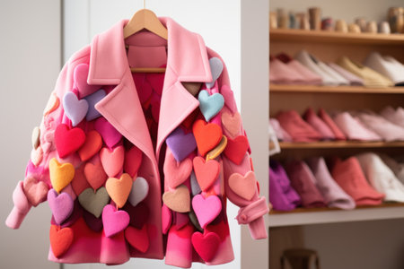 Pink coat with hearts hanging on hanger in store, closeupの素材