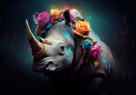 White rhinoceros with flowers on her head on dark backgroundの素材