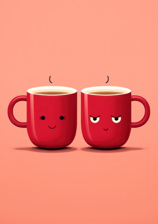Couple of red coffee cups on orange background. 3d renderingの素材