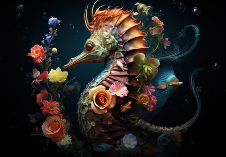 Beautiful seahorse and flowers on dark background. Digital painting.の素材
