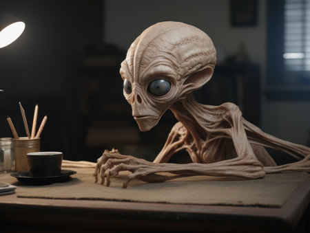 Skeleton in a dark room with a lamp and a cup of coffeeの素材