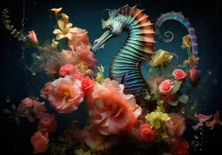 Beautiful seahorse with flowers in water. 3d renderingの素材