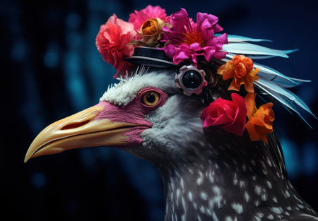 Beautiful bird in a wreath of flowers on a dark backgroundの素材