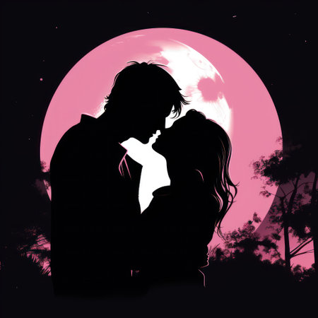 Silhouette of a loving couple on a background of the moonの素材