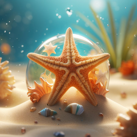 Starfish and seashells in the sand. 3d renderingの素材