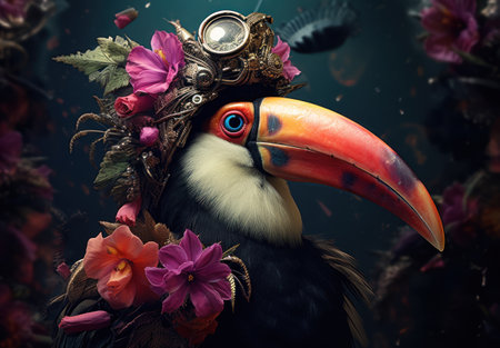 Toucan with a crown on his head and flowers in the backgroundの素材