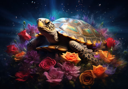 Turtle and flowers on a dark background. 3d illustration.の素材