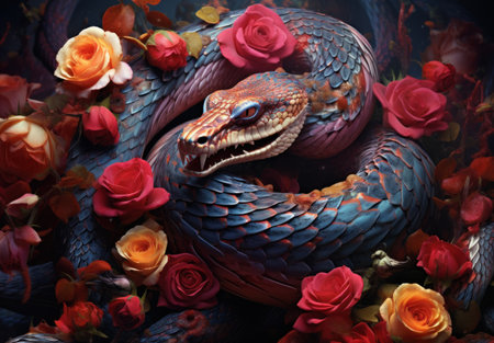 snake and flowers on a dark background. 3d illustration.の素材