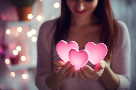Close-up of woman holding two pink hearts in her hands.の素材
