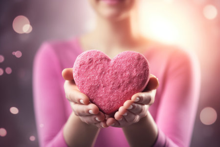 Close up of female hands holding pink heart shaped cookie over bokeh backgroundの素材