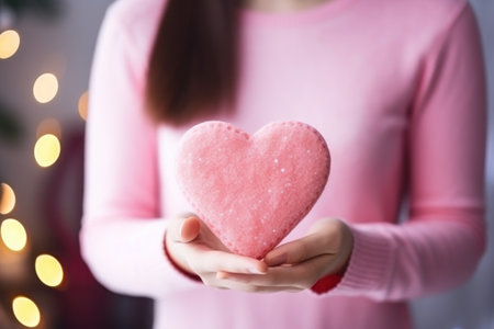 Woman holding heart-shaped candy in hands on blurred background, closeupの素材