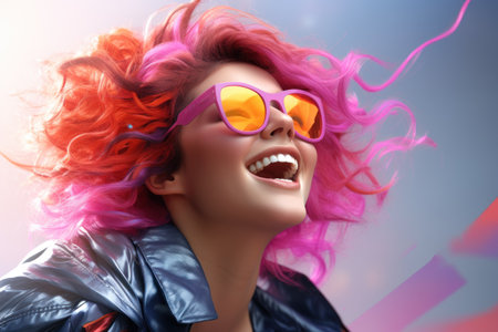 Portrait of a beautiful young woman with pink hair and sunglasses.の素材
