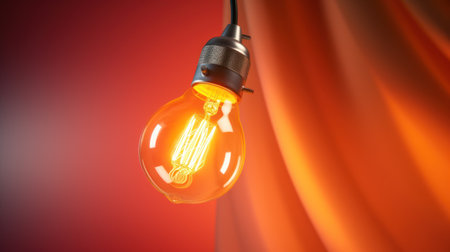 Incandescent light bulb on red curtain background. 3D renderingの素材