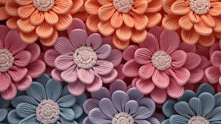 Colorful knitted background. Close-up of handmade crocheted flowersの素材