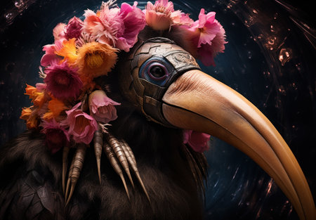 Hornbill with wreath of flowers on his head on black backgroundの素材