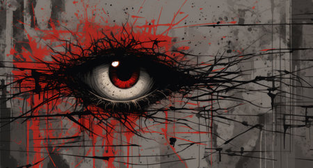 Eye with blood splatters on a grunge background. Vector illustration.の素材