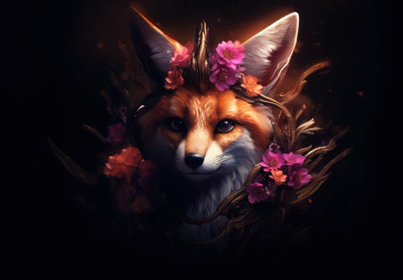 Portrait of a fox in a wreath of flowers on a black backgroundの素材