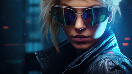 Portrait of a beautiful blonde girl in black leather jacket and sunglasses.の素材
