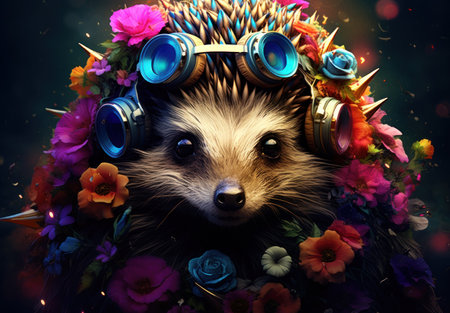 Portrait of a cute hedgehog with headphones and flowers on a dark background.の素材